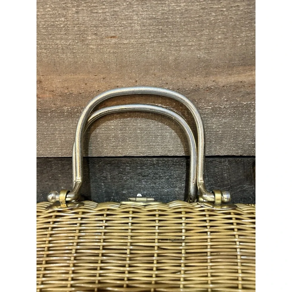 Vintage 50s 60s Coated Wicker Handbag purse Gold‎ Handles